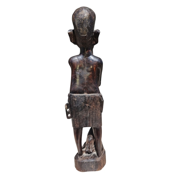 African Wooden Tribal Man Sculpture Figurine With Spear & Boar 15"x4.5"x4" - Picture 3 of 6